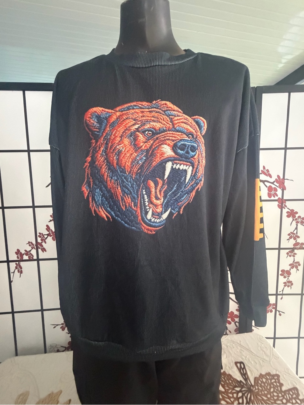 Black Crewneck Sweater with Embroidered Roaring Bear